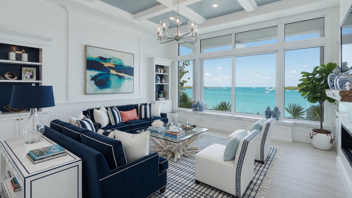 Luxury waterfront living room with panoramic bay views