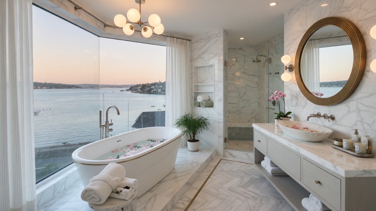 Luxury spa bathroom with water views